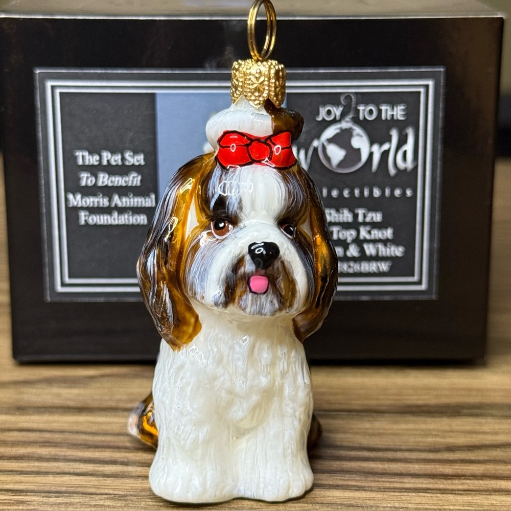 Joy To The World “Pet Set” Shih Tzu w/Top Knot Brown & White Glass Ornament